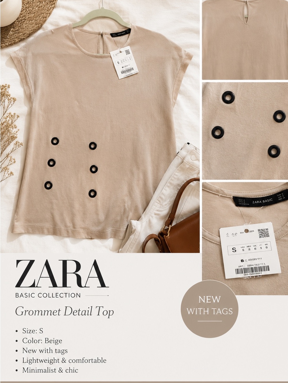 Zara Beige Short-Sleeve Top with Black Grommet Accents